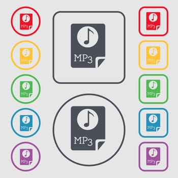 Audio, MP3 file icon sign. symbol on the Round and square buttons with frame. illustration