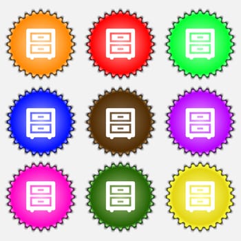 Nightstand icon sign. A set of nine different colored labels. illustration 