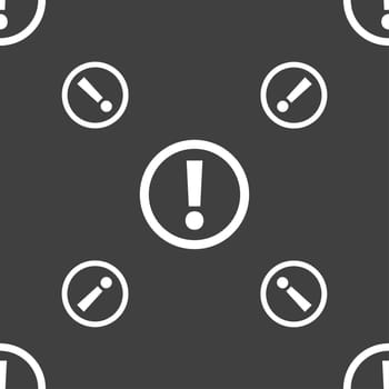 Attention sign icon. Exclamation mark. Hazard warning symbol. Seamless pattern on a gray background. illustration