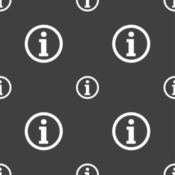 Information sign icon. Info speech bubble symbol. Seamless pattern on a gray background. illustration