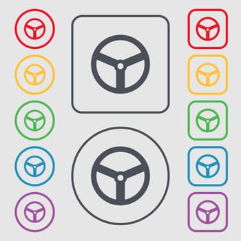 Steering wheel icon sign. Symbols on the Round and square buttons with frame. illustration