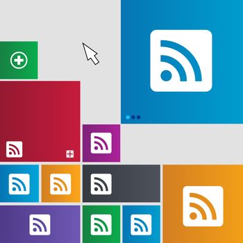 RSS feed icon sign. Metro style buttons. Modern interface website buttons with cursor pointer. illustration