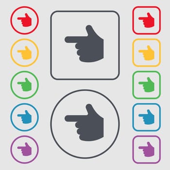 pointing hand icon sign. symbol on the Round and square buttons with frame. illustration