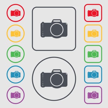 Photo camera sign icon. Digital photo camera symbol. Symbols on the Round and square buttons with frame. illustration