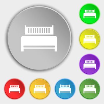 Hotel, bed icon sign. Symbols on eight flat buttons. illustration