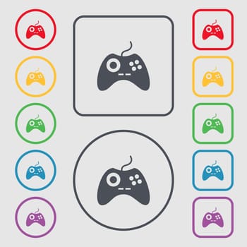 Joystick sign icon. Video game symbol. Symbols on the Round and square buttons with frame. illustration