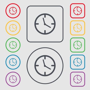 Clock time sign icon. Mechanical watch symbol. Symbols on the Round and square buttons with frame. illustration