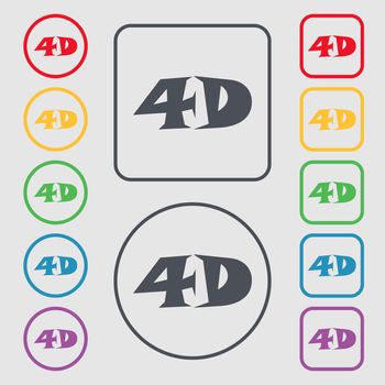 4D sign icon. 4D New technology symbol. Symbols on the Round and square buttons with frame. illustration