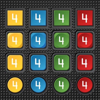 number four icon sign. Set of coloured buttons. illustration