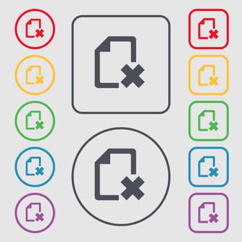 delete File document icon sign. symbol on the Round and square buttons with frame. illustration