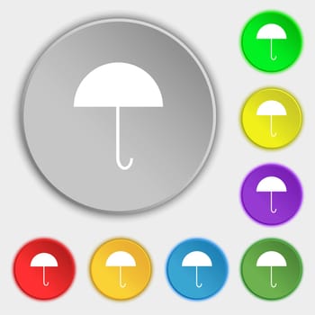 Umbrella sign icon. Rain protection symbol. Symbols on eight flat buttons. illustration
