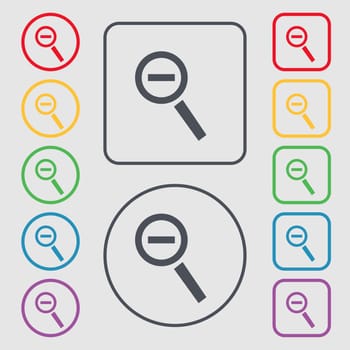 Magnifier glass, Zoom tool icon sign. symbol on the Round and square buttons with frame. illustration