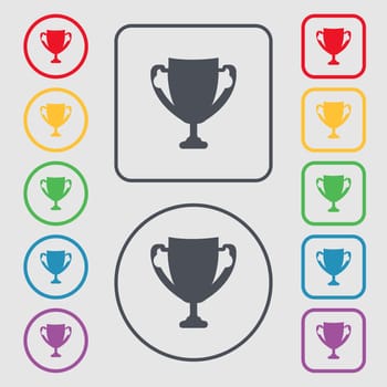 Winner cup sign icon. Awarding of winners symbol. Trophy. Symbols on the Round and square buttons with frame. illustration