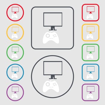 Joystick and monitor sign icon. Video game symbol. Symbols on the Round and square buttons with frame. illustration