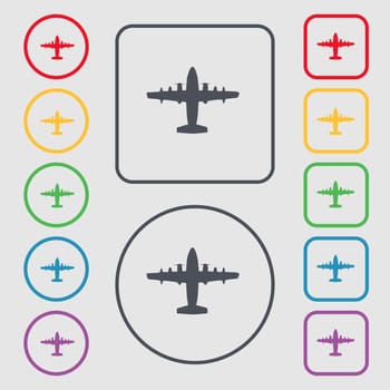 aircraft icon sign. symbol on the Round and square buttons with frame. illustration