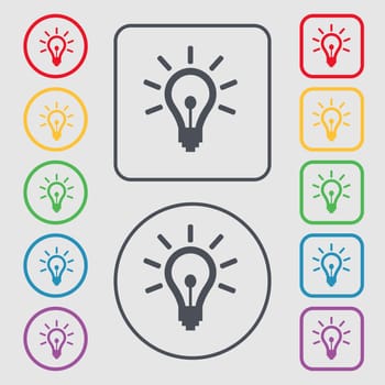 Light bulb icon sign. symbol on the Round and square buttons with frame. illustration