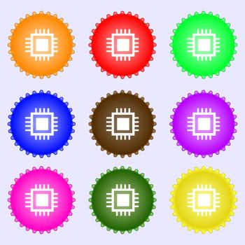 Central Processing Unit Icon. Technology scheme circle symbol. A set of nine different colored labels. illustration