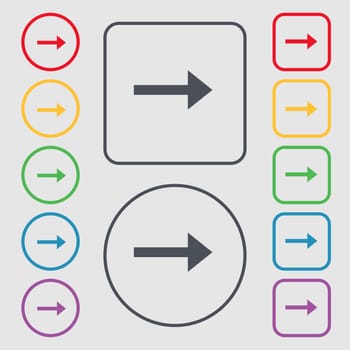 Arrow right, Next icon sign. symbol on the Round and square buttons with frame. illustration