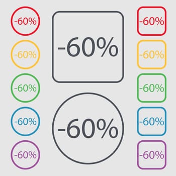 60 percent discount sign icon. Sale symbol. Special offer label. Symbols on the Round and square buttons with frame. illustration