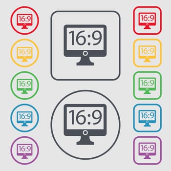 Aspect ratio 16:9 widescreen tv icon sign. symbol on the Round and square buttons with frame. illustration