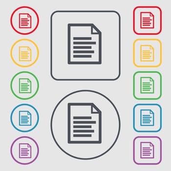 Text file icon sign. symbol on the Round and square buttons with frame. illustration