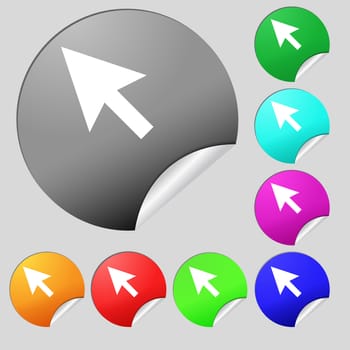 arrow cursor, computer mouse icon sign. Set of eight multi colored round buttons, stickers. illustration