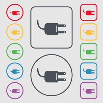 Electric plug sign icon. Power energy symbol. Symbols on the Round and square buttons with frame. illustration