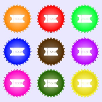 ticket icon sign. A set of nine different colored labels. illustration