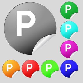 parking icon sign. Set of eight multi colored round buttons, stickers. illustration