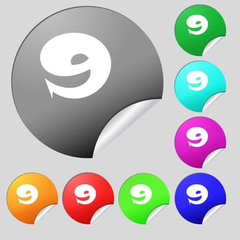 number Nine icon sign. Set of eight multi colored round buttons, stickers. illustration