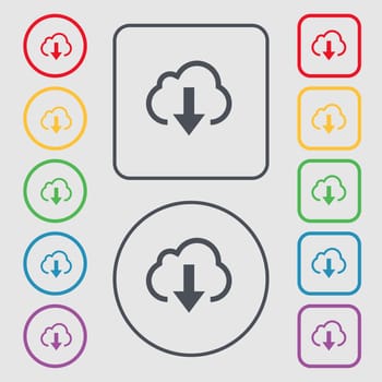 Download from cloud icon sign. symbol on the Round and square buttons with frame. illustration