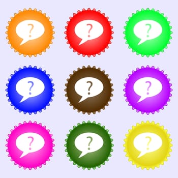 Question mark sign icon. Help speech bubble symbol. FAQ sign. A set of nine different colored labels. illustration