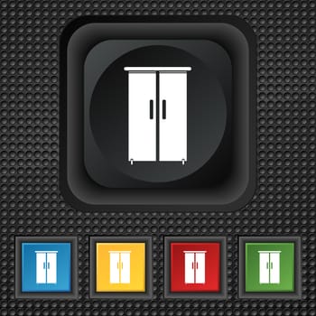 Cupboard icon sign. symbol Squared colourful buttons on black texture. illustration
