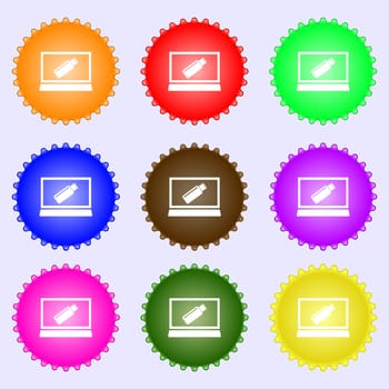 usb flash drive and monitor sign icon. Video game symbol. A set of nine different colored labels. illustration