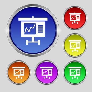 Graph icon sign. Round symbol on bright colourful buttons. illustration