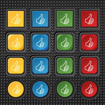 Like sign icon. Thumb up sign. Hand finger up. Set of colored buttons. illustration