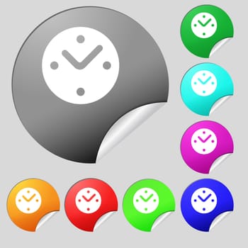 Mechanical Clock icon sign. Set of eight multi-colored round buttons, stickers. illustration