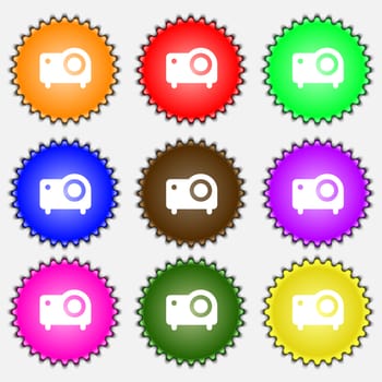 projector icon sign. A set of nine different colored labels. illustration