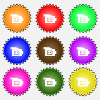 video camera icon sign. A set of nine different colored labels. illustration 