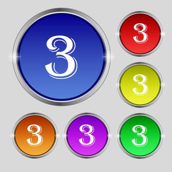 Third place award sign. Winner symbol. Step three. Set of coloured buttons. illustration