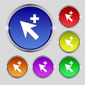Cursor, arrow plus, add icon sign. Round symbol on bright colourful buttons. illustration