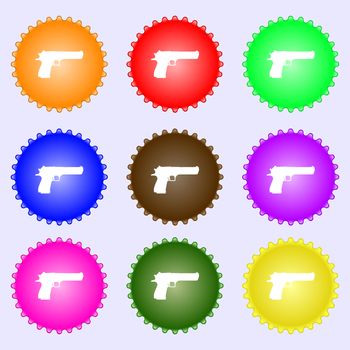 gun icon sign. A set of nine different colored labels. illustration