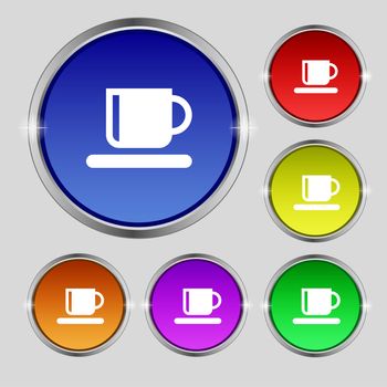 Coffee cup icon sign. Round symbol on bright colourful buttons. illustration