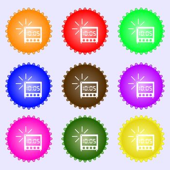 digital Alarm Clock icon sign. A set of nine different colored labels. illustration