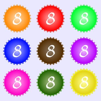 number Eight icon sign. A set of nine different colored labels. illustration