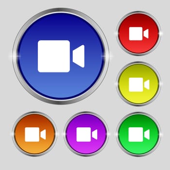 Video camera icon sign. Round symbol on bright colourful buttons. illustration