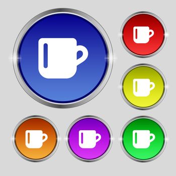 cup coffee or tea icon sign. Round symbol on bright colourful buttons. illustration