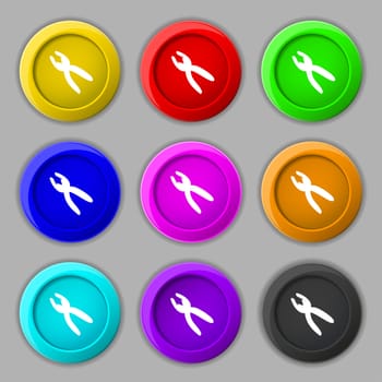 pliers icon sign. symbol on nine round colourful buttons. illustration