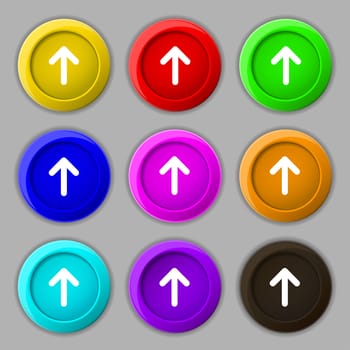 Arrow up, This side up icon sign. symbol on nine round colourful buttons. illustration