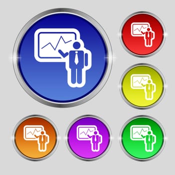 businessman making report icon sign. Round symbol on bright colourful buttons. illustration